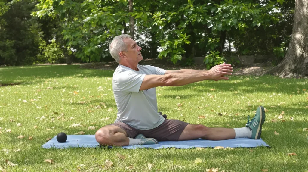 Old man over 60 doing streching excercise