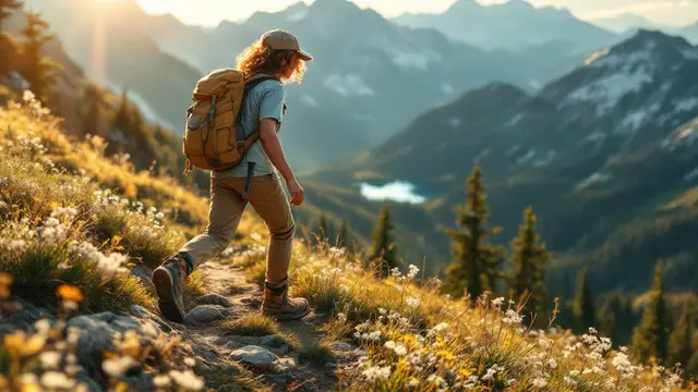 A lone hiker mindfully steps over delicate wildflowers on a sunlit mountainous trail