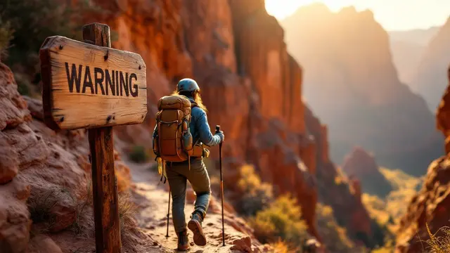 A hiker cautiously navigates a narrow canyon trail, golden sunlight filtering through towering red rocks, demonstrating proper gear and safe distance from edge. Warning sign visible