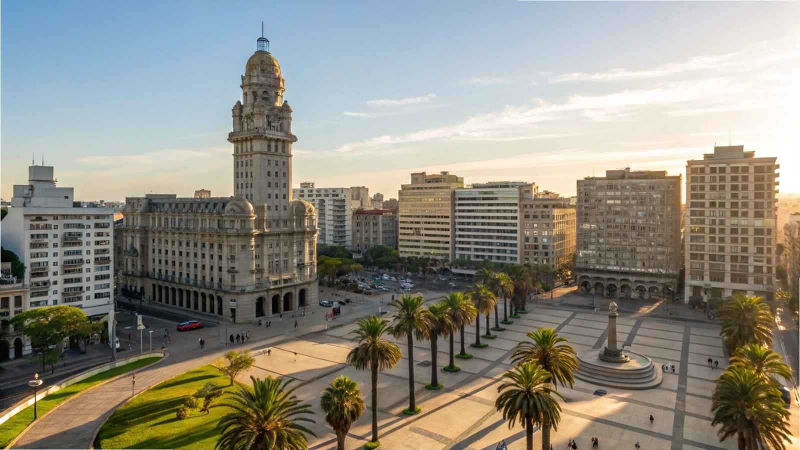 Vibrant and attractive image of Montevideo, Uruguay, captured from a high vantage point on a clear, sunlit afternoon. The scene showcases **Plaza Independencia**, the city’s most iconic square, framed by a blend of **modern office buildings and elegant early 20th-century architecture**, including the towering **Palacio Salvo**, rising proudly with its ornate crown against a bright blue sky. Crisp shadows stretch across the geometric plaza below, where palm trees line walkways and visitors stroll past fountains and statues under the golden midday sun. The **glimmering Río de la Plata** appears in the distance, gently curving along the city's edge. The image bathes in sharp, natural lighting, enhancing the contrast between sleek glass facades and weathered historic stonework. Captured in wide-angle perspective, the composition balances **urban sophistication with historical depth**, reflecting Montevideo’s calm energy and cultural richness—perfectly encapsulating Uruguay’s capital as a vibrant, livable, and sun-kissed coastal city.