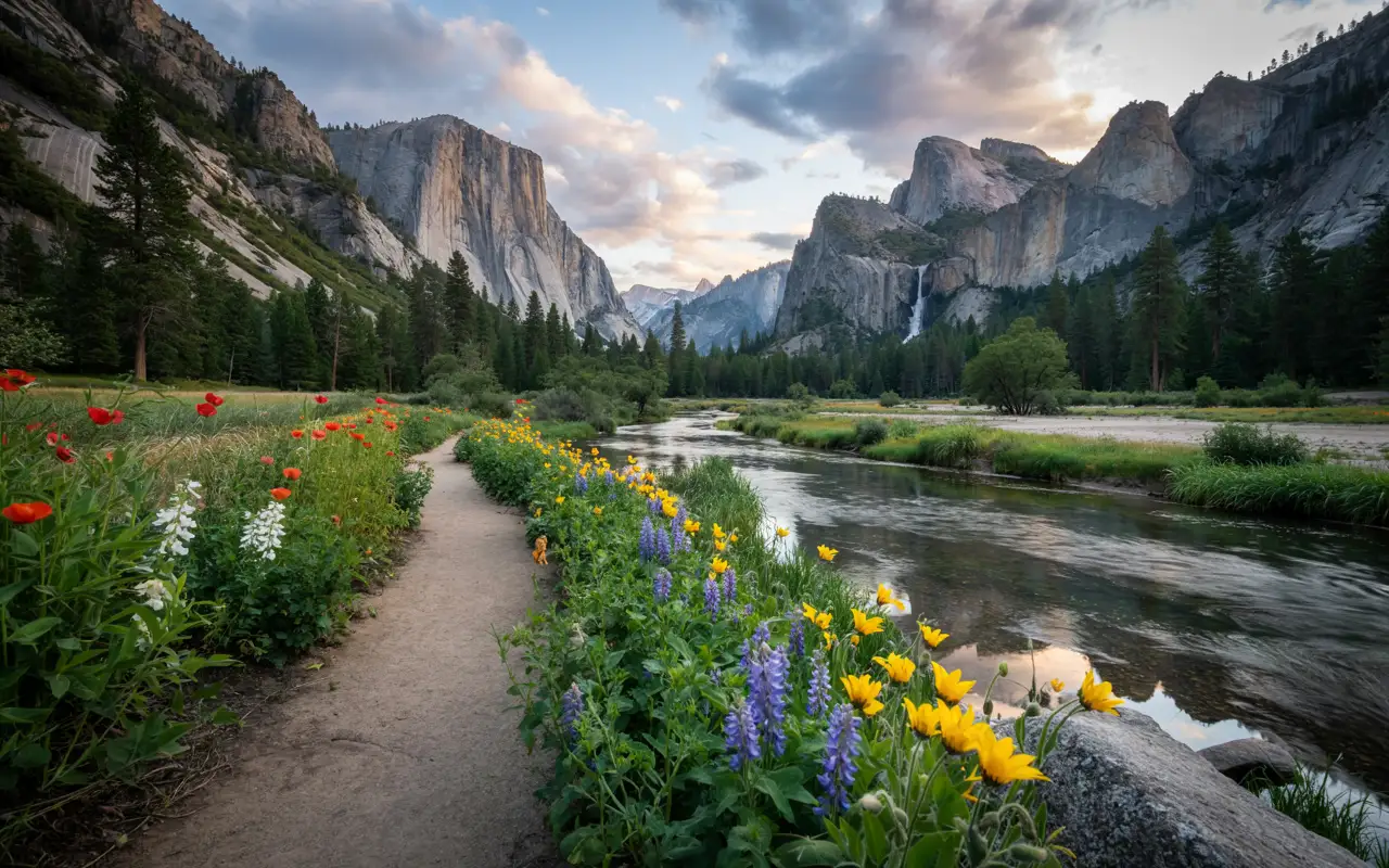 Epic Beautiful View of US National Park Trail with Water showing, colorful flowers