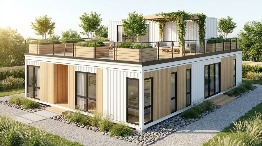 White Industrial Shell with Pergola Deck