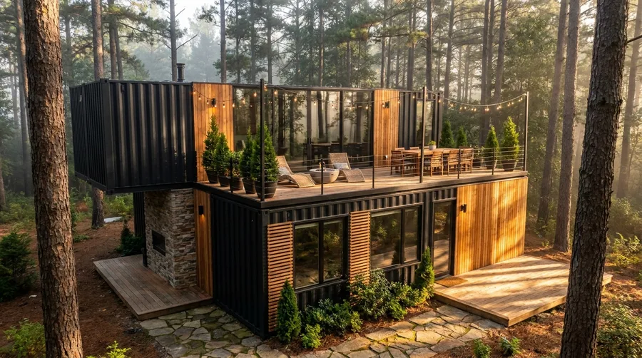 Cantilevered Forest Container Cabin with Deck
