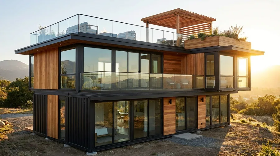 Modern Sunset Container Deck with Glass Railing