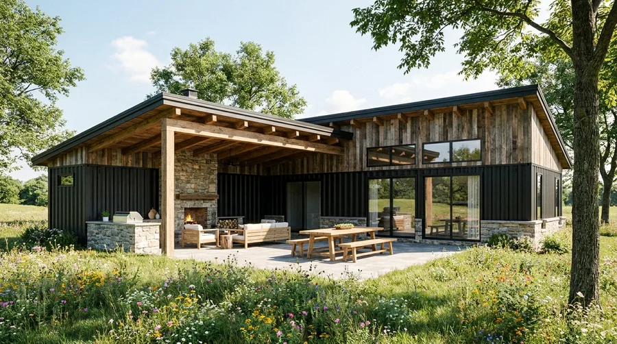 Rustic Modern L-Shape Cabin with Stone Fireplace and Meadow Views