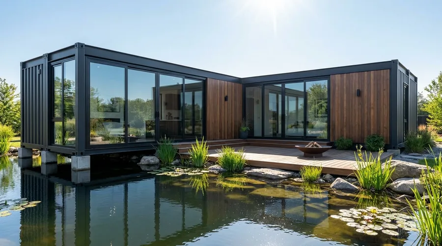 Waterfront L-Shape Container Home with Pond Views