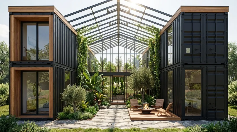 Greenhouse Atrium Container Home with Lush Indoor Garden