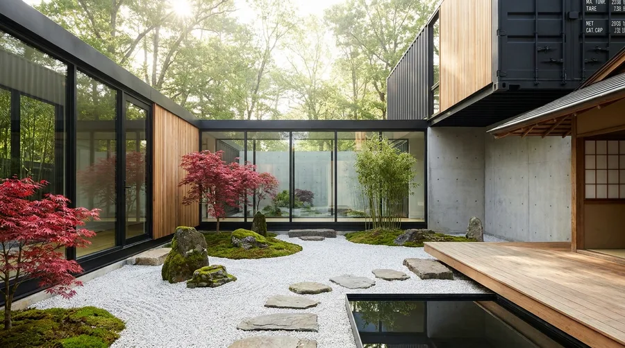 Japanese Garden Container Home with Raked Gravel and Maples