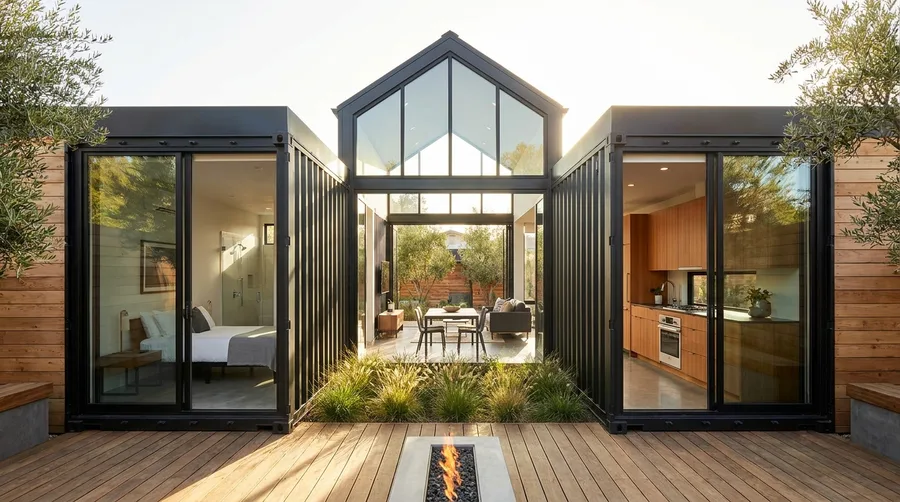 Gable-Roofed Glass Link with Cedar Cladding and Deck Firepit