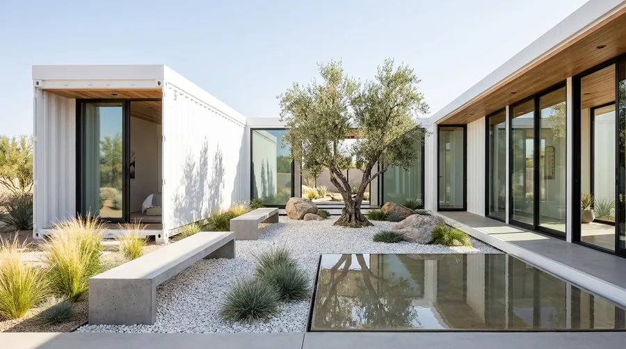 Desert Courtyard Container Home with White Gravel and Olive Tree