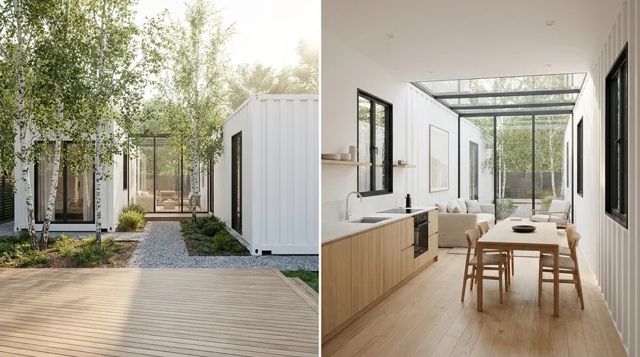 White Twin Containers Linked by Glass Atrium Corridor