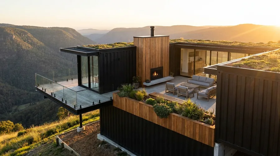 Cliffside L-Shaped Container Home with Green Roof and Outdoor Fireplace