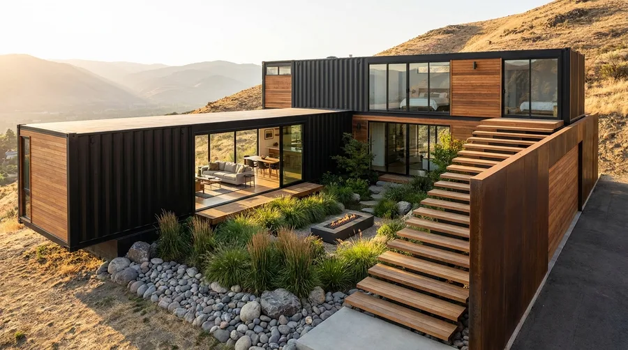 Multi-Level Hillside L-Shape with Terraced Courtyard and Wood Stairs