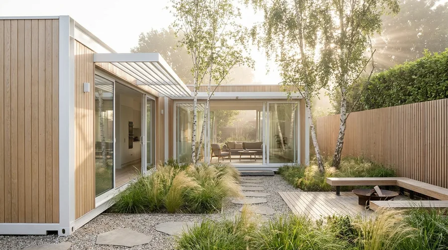 Minimalist L-Shape Home with Birch Trees and Serene Gravel Courtyard