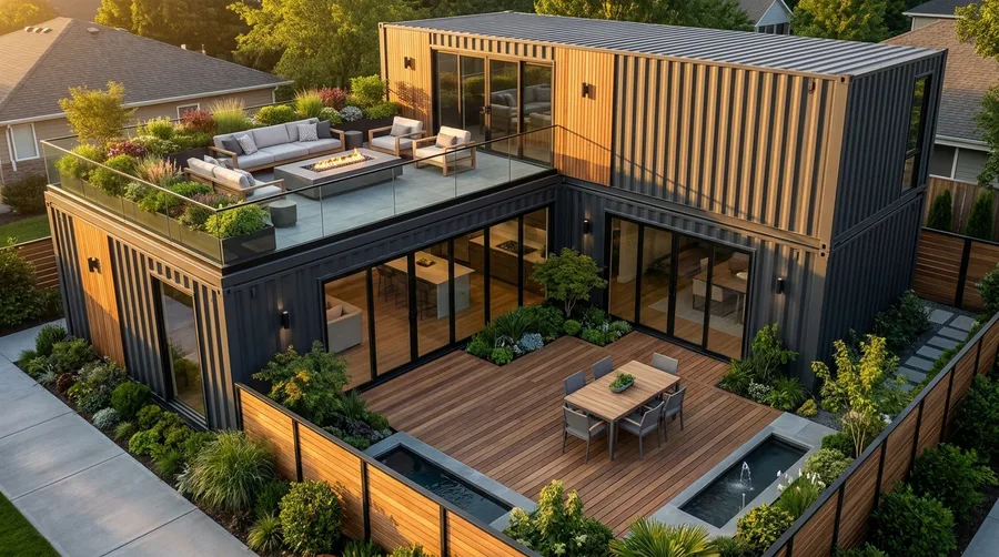 Urban L-Shape Container Home with Rooftop Deck and Courtyard
