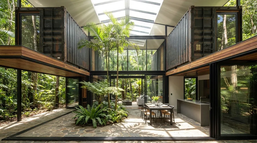 Central Glass Atrium Courtyard Between Steel Modules