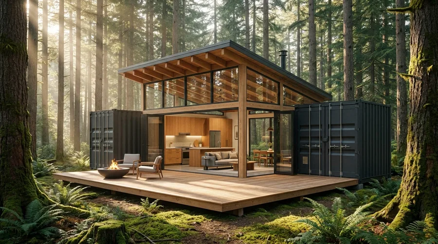 Forest Black Container Cabin with Sloped Timber Roof