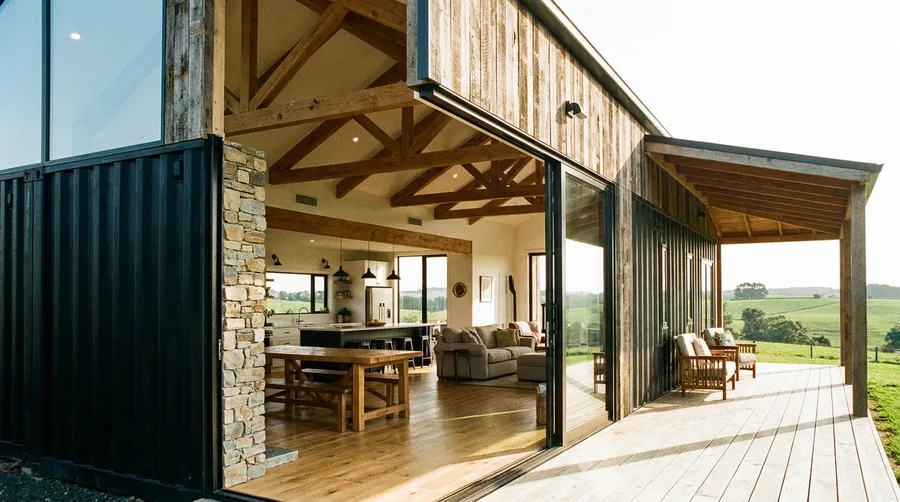Exposed Timber Trusses and Stacked Stone Structural Accent