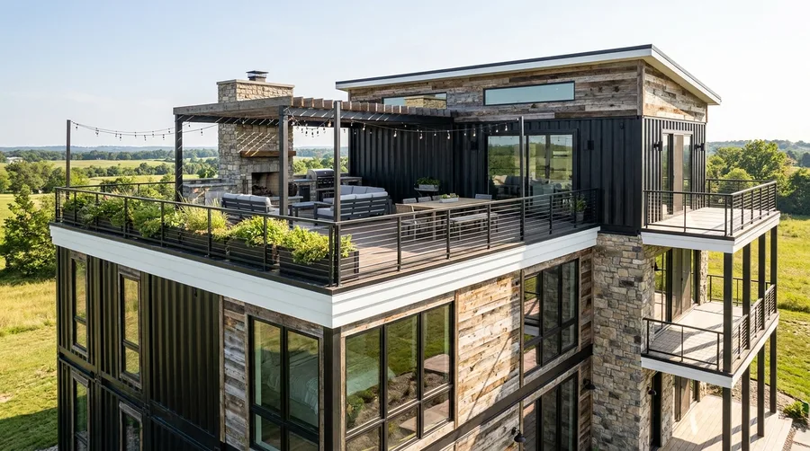 Rooftop Outdoor Fireplace Lounge with Built-In Perimeter Planters