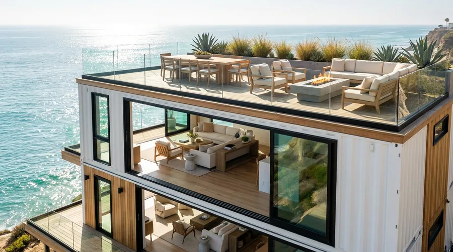 Oceanfront White Container Deck with Glass Guardrails