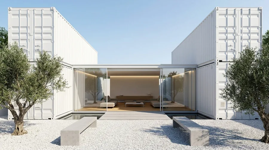 White Stacked High-Cube Containers with Symmetrical Gravel Courtyard