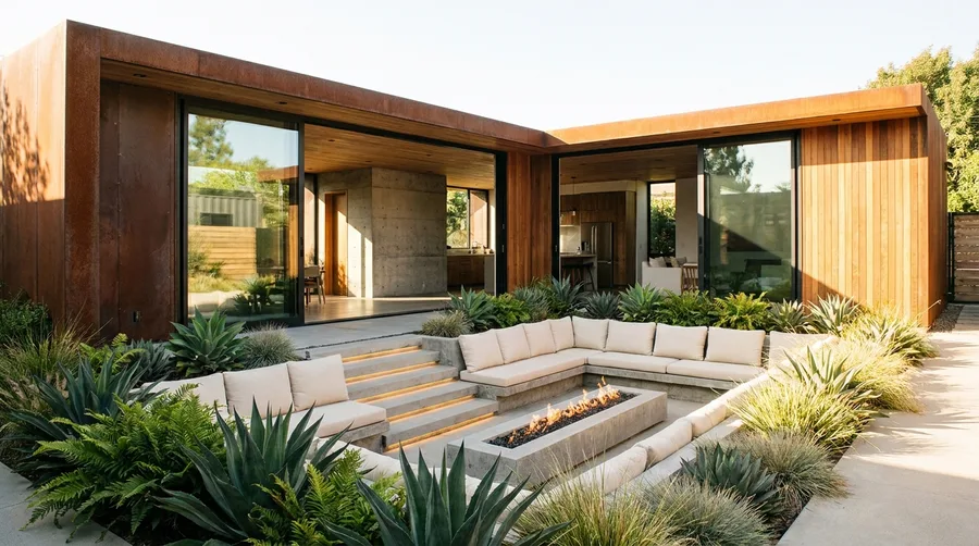 Sunken Outdoor Living with Concrete Fire Pit and Lush Greenery