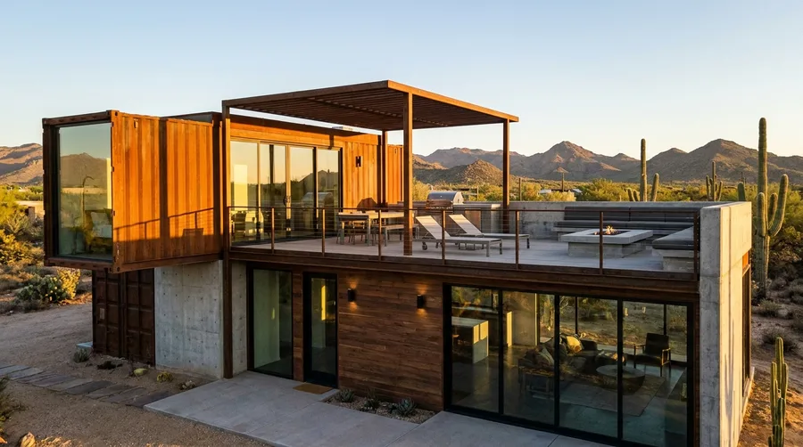 Corten Steel Cantilever Stack with Desert Rooftop Pergola