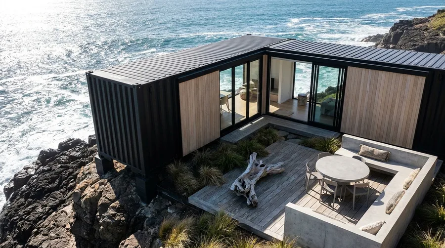 Coastal L-Shaped Container Home with Cedar and Ocean Views