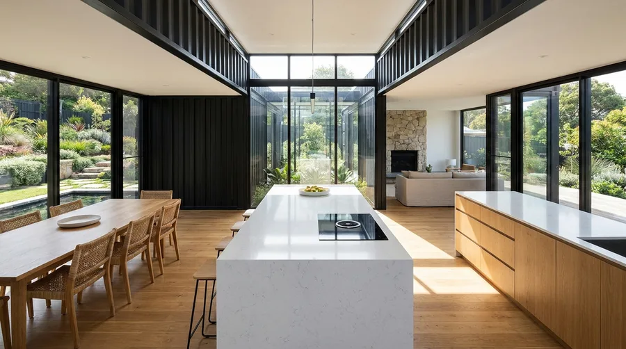 Seamless Quartz Kitchen Island in Black Container Shell