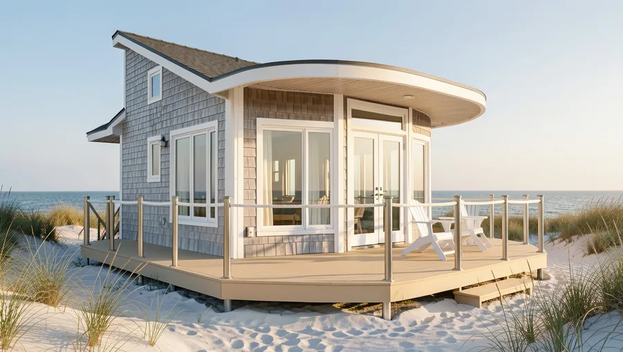 Plywood-Lined Coastal Pod with Curved Deck Edges