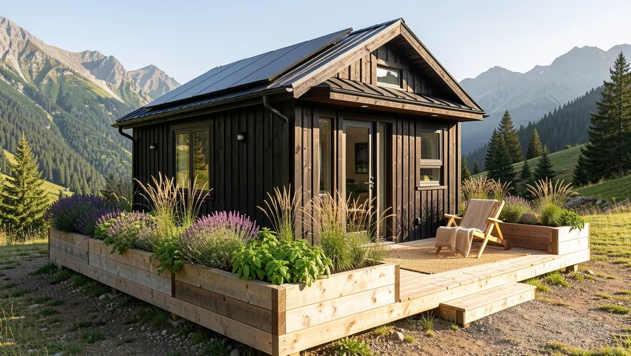 Solar-Powered Off-Grid Cabin with Integrated Raised Garden Decking