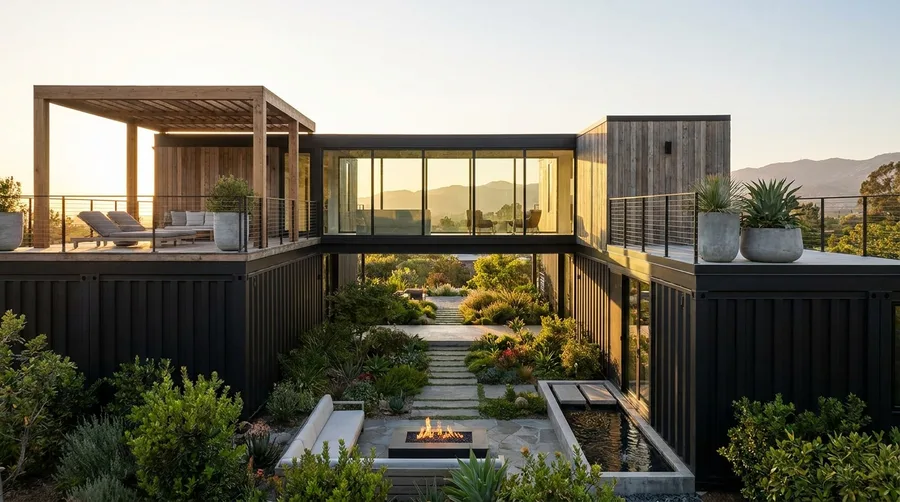 Black Corrugated Courtyard Stack with Glass Bridge Walkway