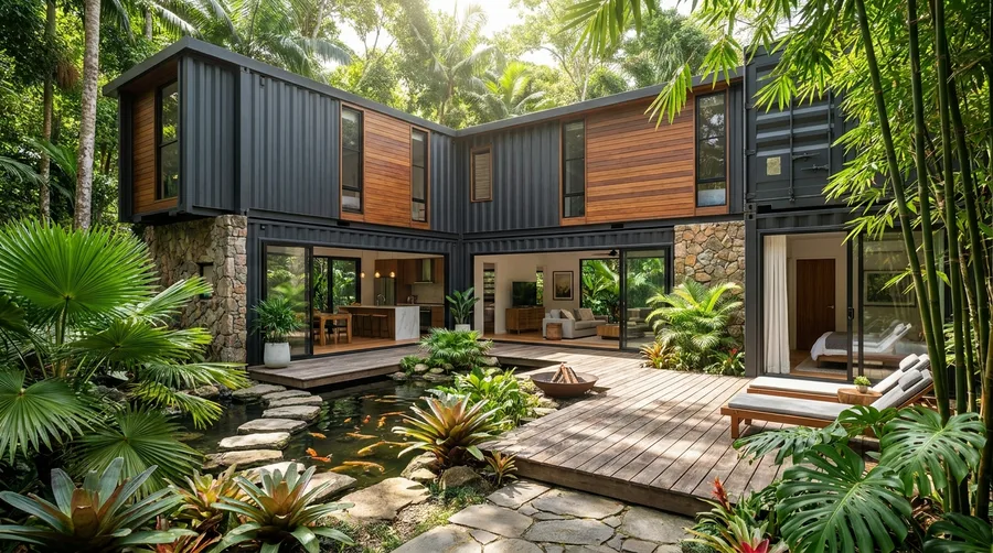 Tropical L-Shaped Container Home with Lush Courtyard Pond
