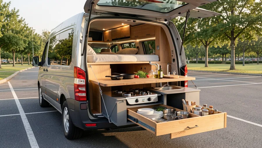 Drop-Down Tailgate Table with Integrated Slide-Out Burner Tray