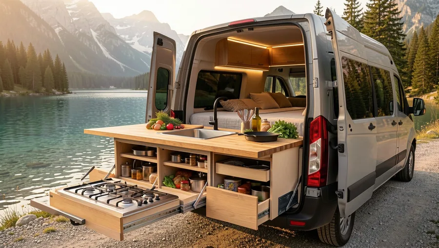 Full-Width Tailgate Kitchen Island with Integrated Sink and Gas Range