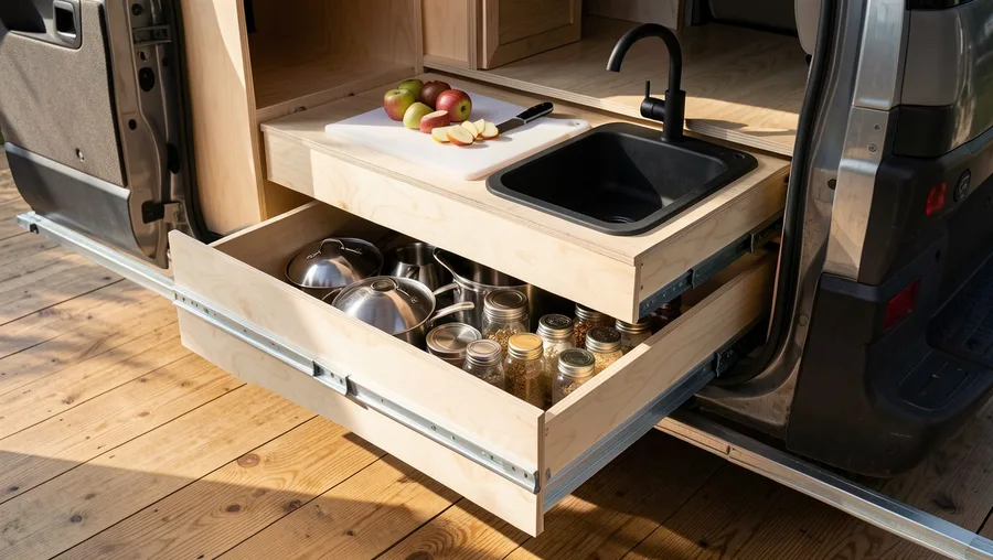 Nested Drawer Pantry with Pull-Out Cutting Board Sink