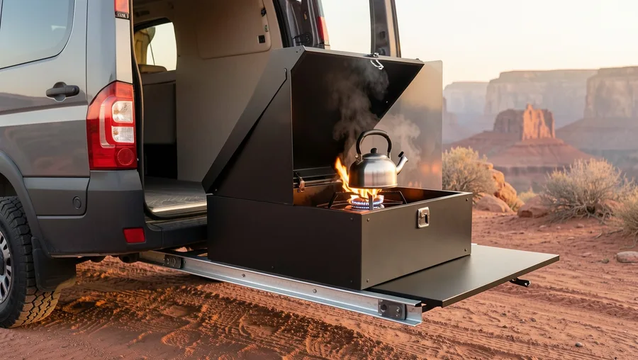 Fold-Out Tailgate Kitchen Module with Flip-Top Wind Deflector