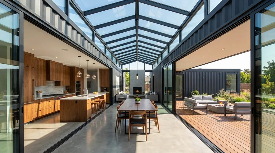 Parallel Black Containers with Atrium Skylight Spine and Polished Concrete
