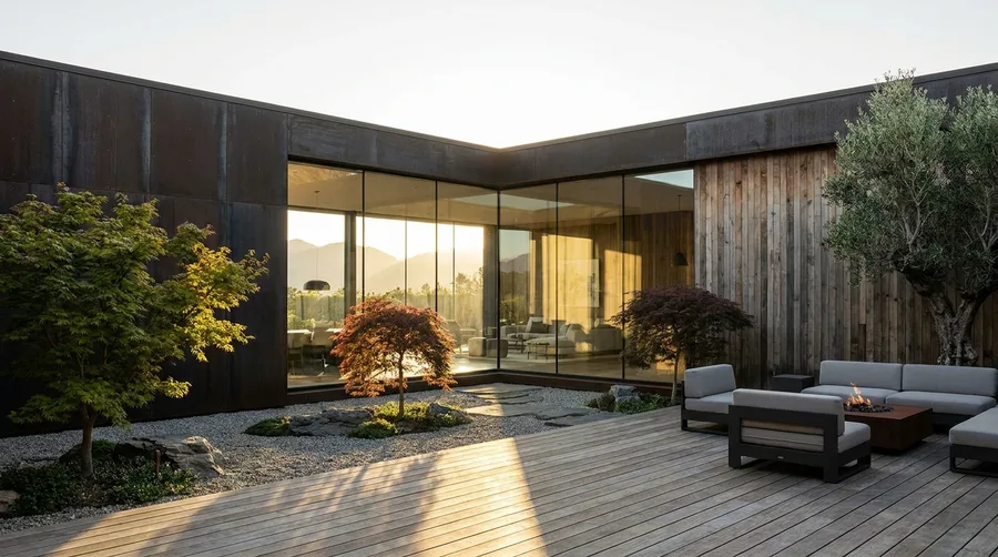Private Courtyard L-Shape with Mixed Materials and Zen Landscaping