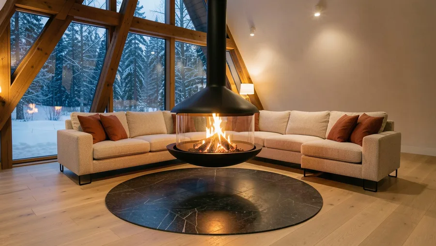 Suspended Rotating Steel Fireplace in the Peak