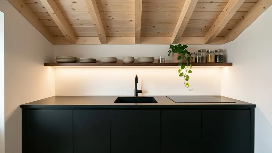 Compact Matte Black Galley Kitchen Under Loft