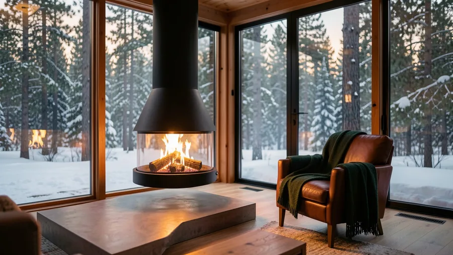 Suspended Cylindrical Fireplace as the Living Room Anchor
