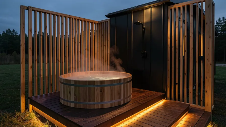 Custom Exterior Cedar Bathing Deck with Cedar Hot Tub