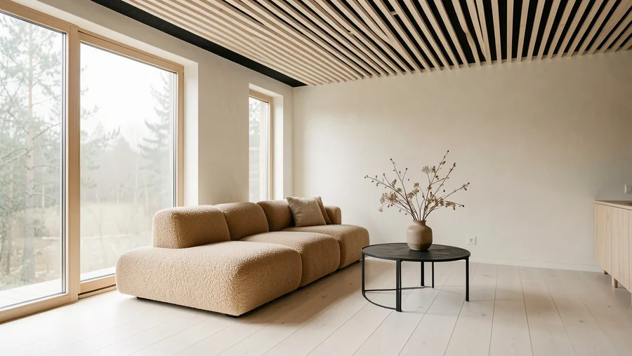 Warm Scandi Interior with Slatted White Oak Ceilings