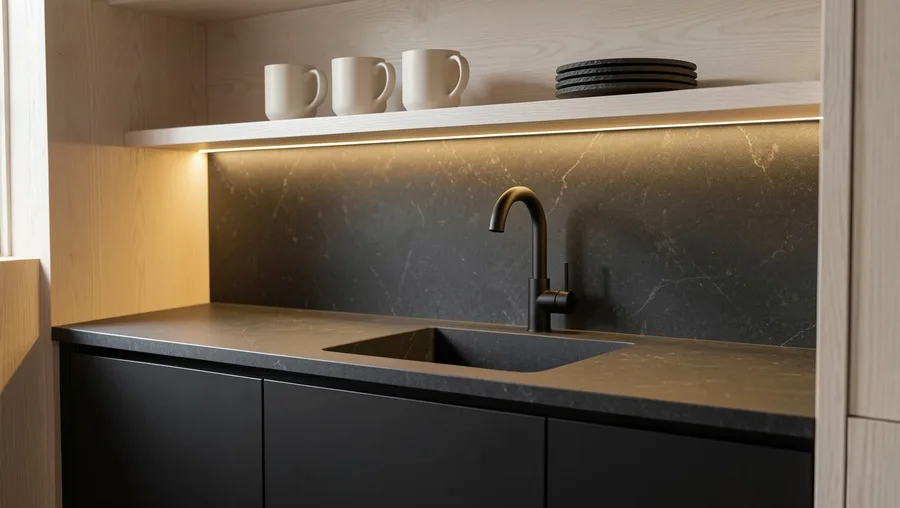 Custom Kitchenette with Matte Black Cabinets and Soapstone