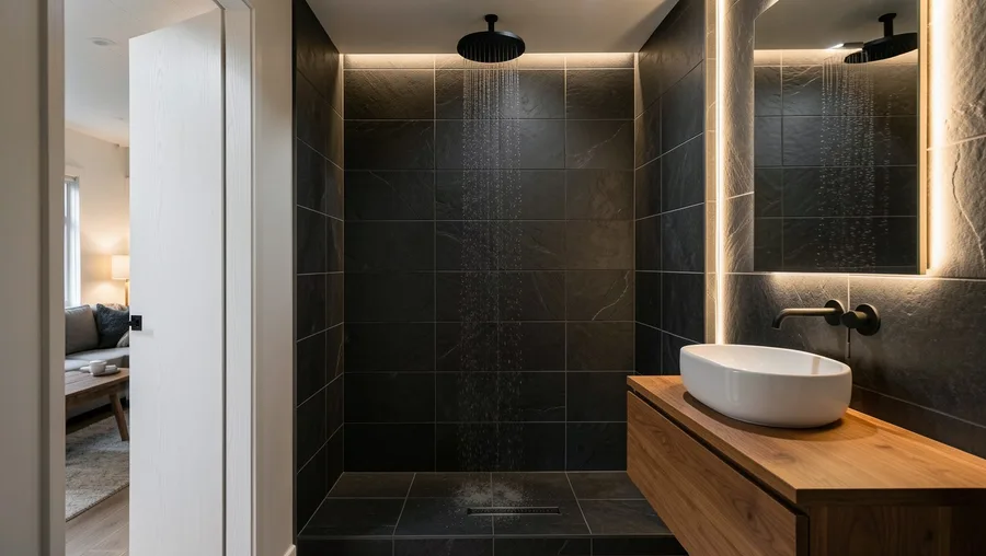 Pocket-Door Wet Room Wrapped in Large Slate Tiles