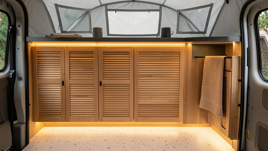 Japandi Slatted Wood Modules with Recessed LED Lighting
