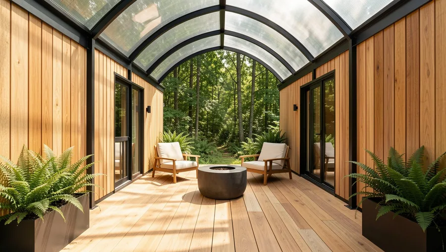 Polycarbonate Vaulted Canopy Between Twin Cedar Cabins