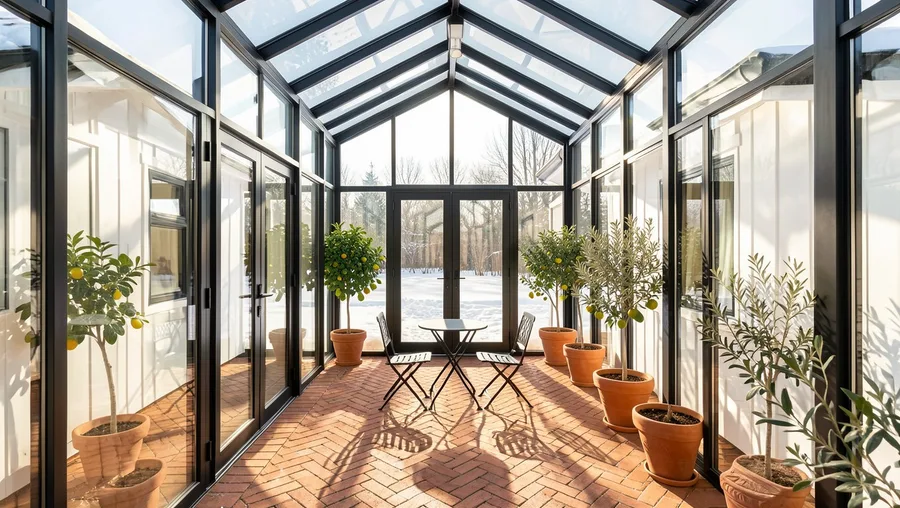 Industrial Black Steel Glass Atrium with Bi-Folding End Walls