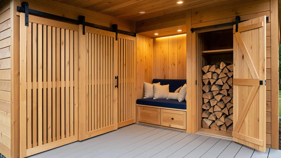 Sliding Barn-Door Pantry Storage Wall with Integrated Bench